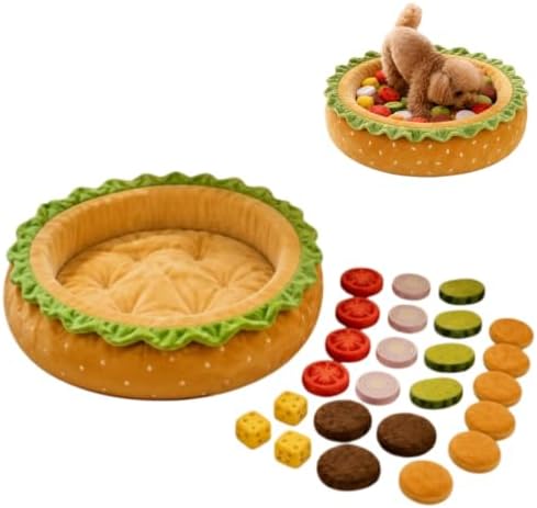 3‑in‑1 Hamburger Shaped Dog Bed, Snuffle Mat Interactive Enrichment Toy with Detachable Washable Cover, Soft Stress Relief Plush Pet Nest for Small and Medium-Sized Dogs, Indoor Comfort Use，Type A