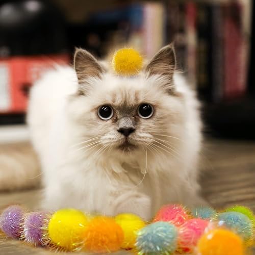 20 Pieces Mix Sizes Sparkle Pom Pom Balls for Cat - Interactive Glitter Balls, Multicolor, Best as Kitten Play Toys.