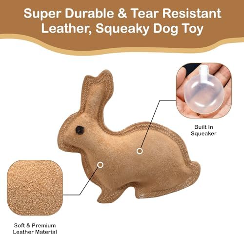 SPOT Dura-Fused Leather Rabbit Dog Toy – Durable Real Leather & Jute Chew Toy with Squeaker, Double-Stitched for Moderate Chewers, Small & Medium Dogs, 7.5in