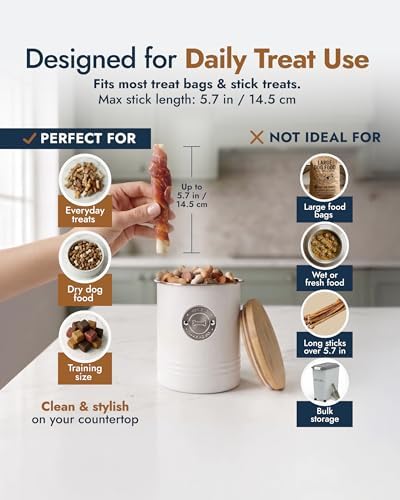 Dog Treat Container with Bamboo Lid, White Metal, 5.1” W x 6.5” H, 6.4 Cups