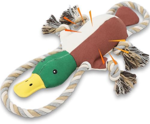 Duck Dog Toys for Small Medium Dogs, Durable Canvas Fetch Tug Toy with Sliding Rope & Crinkle Paper for Boredom Relief, Squeaky Interactive Teething Puppy Chew Toys for Chihuahua Corgi Beagle