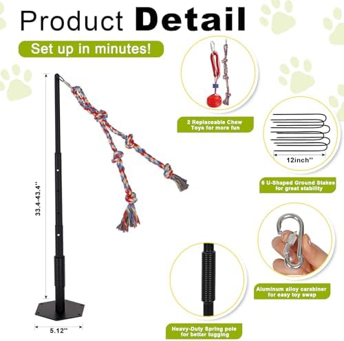 Outdoor Tug of War Dog Toy, Tether Interactive Dog Tug Toy Backyard Heavy-Duty Dog Solo Play Exercise Toy for Large Medium Dogs, Height Adjustable, 2 Rope Toys