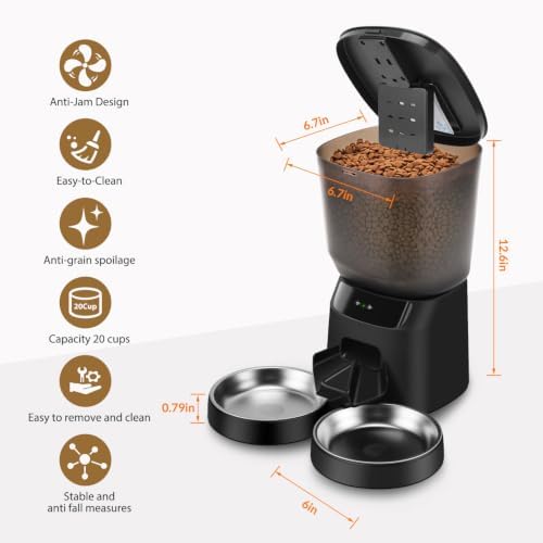 Automatic Cat Feeders WiFi for Two Cats, 5L/20 Cups Double Automatic Cat Food Dispenser with APP Control, 2 Stainless Bowls, Timer Setting 20 Portions 10 Meals Per Day