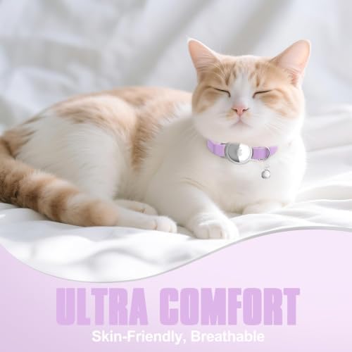 AirTag Cat Collar, Elastic Tracker Collar with Airtag Holder and Bell | Compatible with Apple Air Tag, Lightweight & Scratch Resistant, Adjustable Stepless GPS Pet Collar for Cats Kittens, Purple