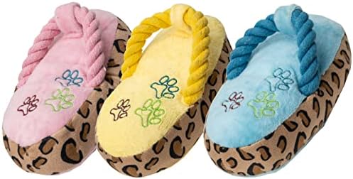 Dog Toy Slipper 3pcs Set Squeaky Chew Plush Stuffed Flip Flops Shoes Rope Interactive Puppy Pet Gift Relieve Anxiety Colorful Blue Pink Yellow