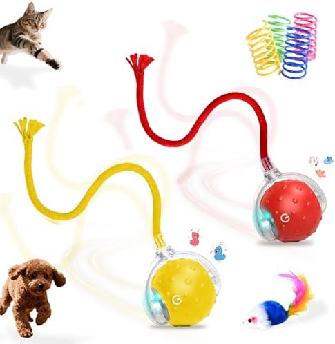 2-Pack Interactive Cat Toys Ball for indoor Cats＆Dog,Automatic Cat Toy with Smart Obstacle Avoidance & Bird Chirps ,Includes 4 Cat Spiral Spring,Cat Enrichment Toys for Indoor Cats(Red＆Yellow)