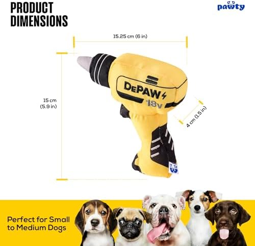 PAWTY Power Drill Dog Toy - Funny Parody Plush Squeaky Toy - Interactive Tool Kit Enrichment Gift for Small Medium Dogs & Puppies - Novelty Birthday Gift for Dog Dads