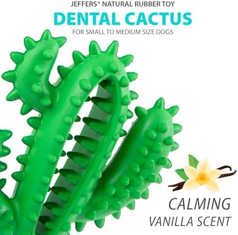 Jeffers Pet Natural Rubber Dog Chew Toy – Green Dental Cactus, Medium – Vanilla Scent, Durable, Non-Toxic, Dishwasher Safe, Interactive Fetch, Tug Toy & Dental Play - Perfect for Training