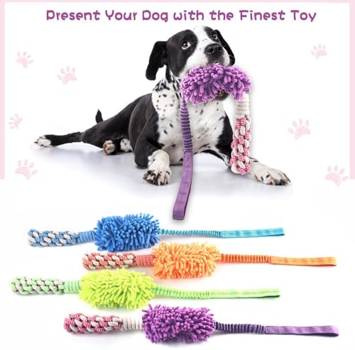 Dog Puppy Toys Dog Squeak Toys Plush Dog Toy with Dog Ropes Knots for Fun and Teeth Cleaning,Tug of War Toys, Puppy Chew Toys, Dog Rope Toys for Training Small, Large Dogs (Purple, Dog Bite Stick Toy)
