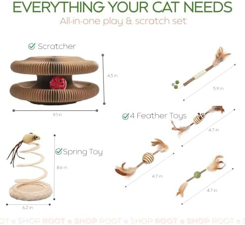 Interactive Cat Toy & Scratcher for Indoor Cats – Foldable Cardboard Cat Scratcher with Spring Toys, Feather Balls & Interactive Play Tower – Kitty Kurlz Enrichment Toy for Kittens and Adult Cats