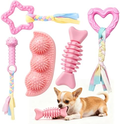 5 Pack Puppy Chew Toys for Small Dogs,Puppy Teething Toys for Small Puppies,Soft Rubber Dog Toys for Small Breed Interactive Chew Toys to Keep Them Busy (Pink)