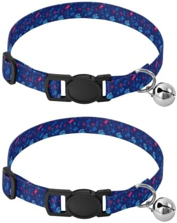 2 Pack Puppy Collar Cute Paw and Bone Navy Kitten Bell Collar, Adjustable Length 10.6" to 17.1"