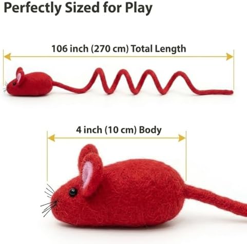 Glaciart One Felt Mouse Cat Toy – Soft Fuzzy Enrichment 100% Natural Wool - Interactive Catnip Play Cat Toy Set - Safe for Pets, Non-AZO Colored Dyes - 100” Long