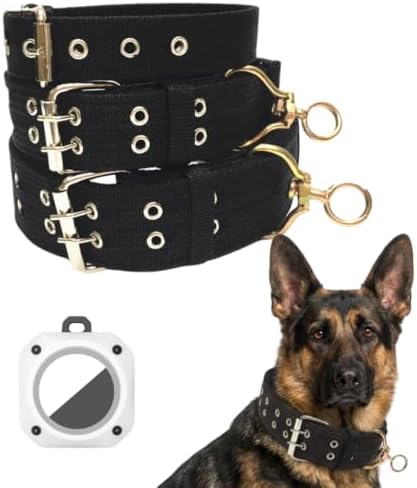 Tactical Heavy Duty Nylon Dog Collar for Large & Medium Dogs - Includes AirTag Compatible Case - Double-Lock Buckle & Reinforced D-Ring (Black, Large: Width = 2"; Neck = 16" - 22")