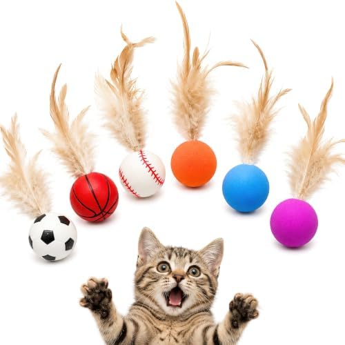 Bouncing Balls for Cats with Natural Feathers, 6 Pack Interactive Cat Toys