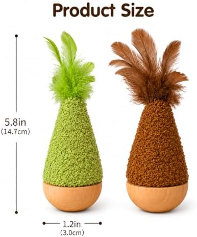 2-Pack Interactive Self-Righting Wobble Cat Toy with Feather, Fluffy Plush Wooden Tumbler for Bored Adult Indoor Cats Silent Self Play Cat Enrichment Toy, Green & Brown