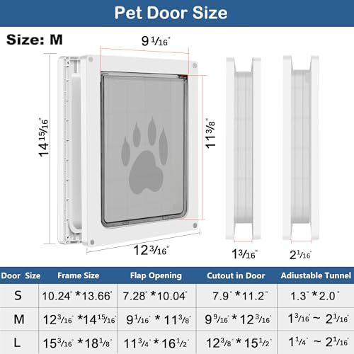 CEESC Medium Dog Door, Snap-in Closing Panel, Up to 35 lbs, Durable, White | Flap 9.06"x11.38", cut-out 9.56"x12.19". Fits doors 1.25-2.06in. Weatherproof ABS, magnetic seal