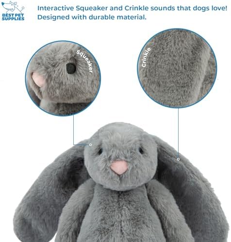 Best Pet Supplies Bunny Buddy Squeaky Plush Dog Toy - Beige & Gray | Pack of 2, Soft Plush, Squeaks & Crinkles, For Moderate Chewers, Toss & Fetch Play, Stress & Anxiety Reliever, Ideal Gift Toy