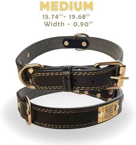 Personalized QR Code Dog Collar - Durable Genuine Leather Pet Collar with Engraved Smart ID Tag, Personalized Dog Collar with Name and Phone Number, Soft Padded Adjustable Neck Strap, Brown