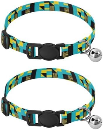 Geometric Stripes Turquoise Blue Kitten Collar with Bell 2 Pack Puppy Collar Adjustable Length 10.6" to 17.1"