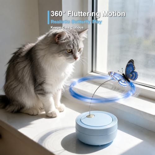 Interactive Butterfly Cat Toy for Indoor Cats, 360° Rotating Wand, Blue