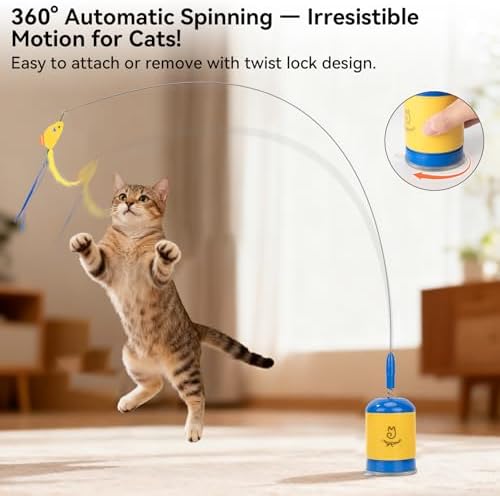 Migipaws Interactive Automatic Cat Teaser Wand Toy with Strong Suction Cup, 70cm Flexible Wire & DIY Bending Design, Rechargeable Cat Exercise Toy with Auto Timer for Indoor Cats (Blue)