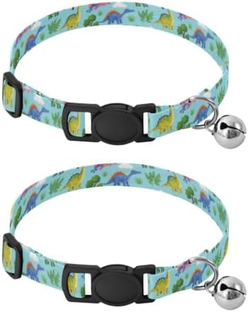 2 Pack Dog Collar Colorful Cartoon Dinosaurs Cat Collar Breakaway with Bell, Adjustable 10.6 to 17.1 Inches