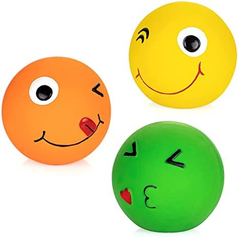 CHIWAVA 3PCS 2.7'' Latex Squeaky Dog Toy Smiley Face Balls for Medium Dogs