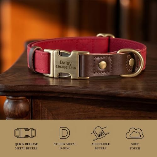 Personalized PU Leather Dog Collars, Quick Release Buckle, Red,S