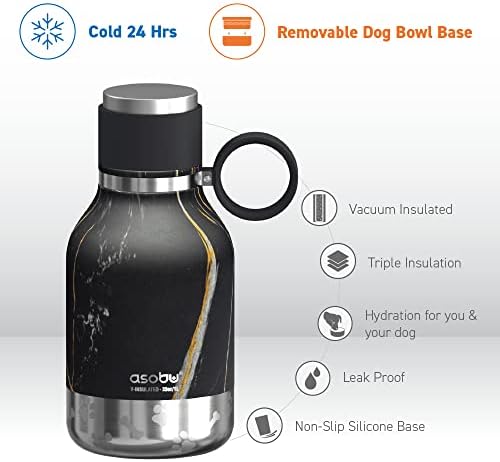 Asobu Buddy Bottle a Stainless Steel Insulated Water Bottle for with Removable Dog Water Bowl and Dog Food and Treat Storage Bowl (Midnight Marble, 37 oz Water Bottle with Bowl)
