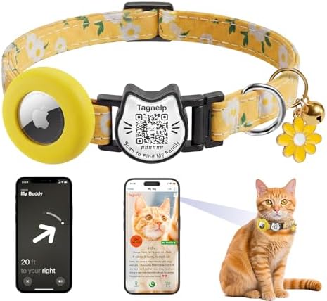 Breakaway Cat Collar with QR Code ID & AirTag Holder, Adjustable Cotton Kitten Collar with Bell, Cute Floral Safety Collar for Indoor & Outdoor Cats Pastoral Style with airtag Holder(Yellow)