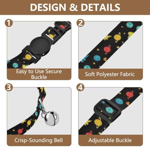 Dinosaurs Planets Stars Black Collar with Bell for Dog Puppy 2 Pack Cats Collar Adjustable Length 10.6" to 17.1"