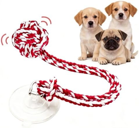 Interactive Dog Toy with Suction Cup, Rope Ball & Built-in Bell, Red White
