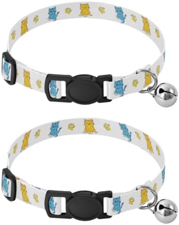 2 Pack Pet Collars Cute Cartoon Cats Yellow Paw Decorative Pet Collar with Bell, Adjustable Length 10.6" to 17.1"