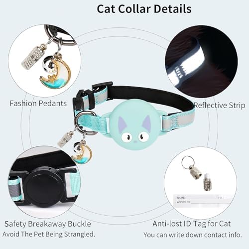 Reflective Breakaway Cat Collar for AirTag (1st & 2nd Gen) Holder - Waterproof Safety Buckle Kitten Collar with Bell, Luminous Lightweight GPS Tracker Case for Apple for Air Tag (Mint Green)