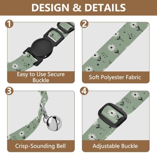 White Daisy Flowers Sage Green Easy to Clean Small Dog Collar 2 Pack Pet Collars for Cats