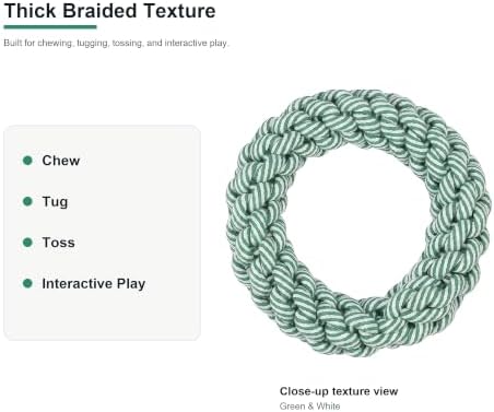 Heavy Dog Rope Ring Toy, Braided Chew Toy for Medium Dogs, Tug of War Rope Toy for Teething, Fetch, Tossing and Interactive Play, Green and White, Approx. 8 in
