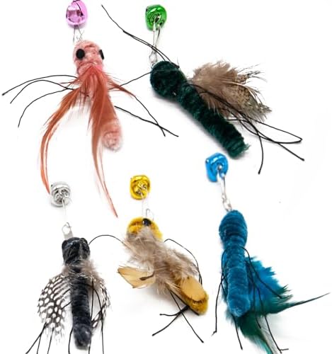 5 Pcs Realistic Cat Insect Toys for Wand Toy Refills, Interactive Feather Bug Toy Attachments with Bells for Indoor Cat Enrichment & Hunting Instincts, Ideal Exercise & Boredom Relief for Kittens