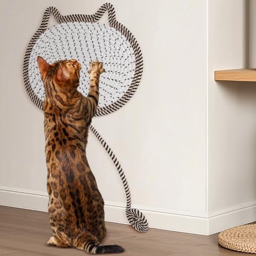Cat Scratcher Mat Natural Cotton Rope Oval Horizontal Floor Cat Scratch Bed Pad with Ball Toy Protector for Furniture Floor Wall (Brown, 1 PC)