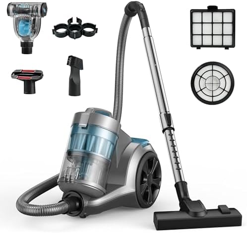 Aspiron 1700W Canister Vacuum Cleaner, 45Kpa Bagless Vacuum Cleaner | Multi-Cyclonic Filtration, 2 Anti-Allergen HEPA Filters, 3.5QT Dust Cup, No Hair Tangles for Hard Floor, Pet Hair, Ice Blue