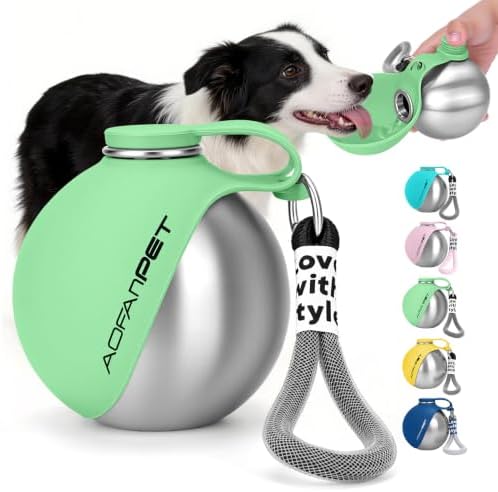 Portable Dog Water Bottle 10oz Stainless Steel Travel Dog Water Dispenser with Bowl No-Spill Puppy Water Bottle for Walking Hiking Small Dog Water Bottle (Mint Green)
