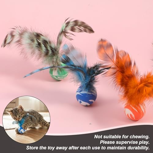 Cat Bouncy Ball with Feathers - 5 Pack Interactive Cat Feather Toys for Indoor Cats, Rubber Kitten Fetch Chase Toy for Interactive Exercise & Hunting Play