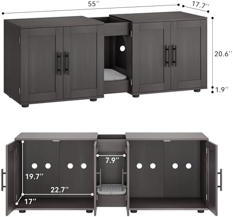 55" Cat Litter Box Enclosure Furniture, 3-in-1 Hidden Litter Cabinet with Barn Doors & Double Rooms for 2 Cats, Wooden Pet Furniture for Living Room & Bedroom, Brown