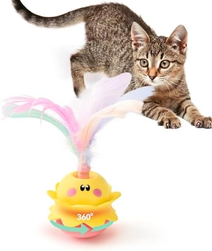 LIFLIX Interactive Automatic Cat Feather Toy, Rotating with LED Light, Rechargeable Electronic Chirping Toys for Indoor Cats, Yellow