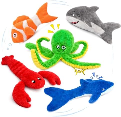 No Stuffing Squeaky Crinkle Dog Toys, 5-Pack Ocean Animal Plush Set