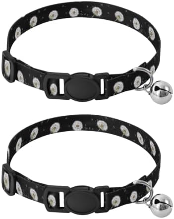 White Dandelion Flowers Black Easy to Clean Small Dog Collar 2 Pack Adjustable Pet Collar