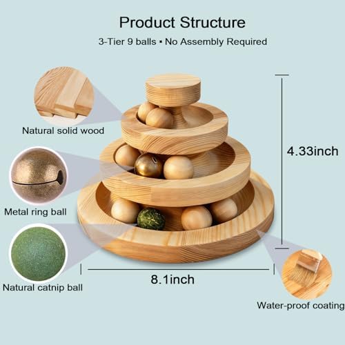 Solid Wood Cat Ball Track,Heavy Duty 3-Tier Interactive Cat Toy Tower with 9 Removable Balls,Bell & Catnip,No Assembly Required,Anti-Tip Sturdy Base for Indoor Cats, Kittens & Large Cats
