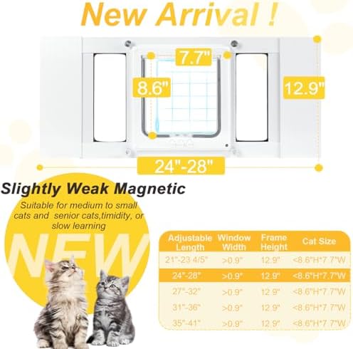 Petoasis Cat Door for Window & Small Dog, Quick Damage-Free Install, 24"-28" Width Adjustable, All Aluminum Frame, 4-Way Lock, Magnetic Closure Cat Window Door, Extra Window Lock & Sealing Strips (S)