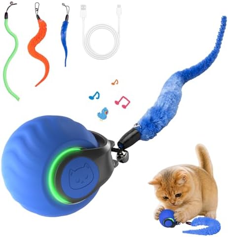 Interactive Cat Toys with Bird Sounds & 3 Speed Modes for Indoor Cats Play | Bird Sounds, 3 Speed Modes, 3 Tails, Rechargeable Automatic Rolling, Fast Charging Ball, For Indoor Cats on Hard Floor Carpet