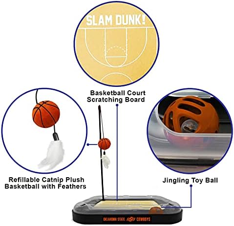 Cat Scratch Toy NCAA OKLAHOMA STATE Cowboys REVERSIBLE Basketball Court Felt/Cardboard Cat Scratcher Toy with Interactive Cat Ball Bell. 6-in-1 CAT TOY Cat Wand Poll CATNIP-FILLED Plush Basketball Toy